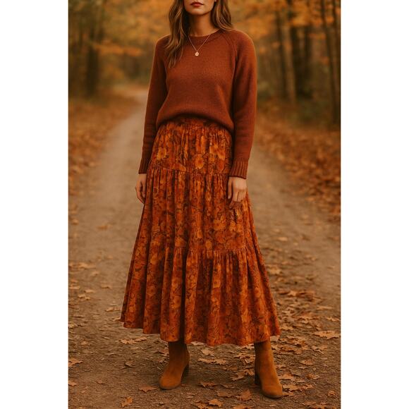 Auguste The Label Caramel Floral Tiered Maxi Skirt Size 6 Orange Fall Autumn - Picture 1 of 8